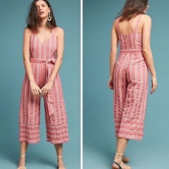 Anthropologie ett:twa red white striped gauzy crop length cotton blend jumpsuit - Picture 1 of 12